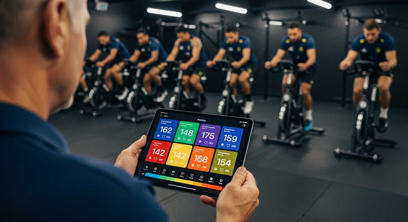 Coach holding an iPad displaying a live heart-rate dashboard, with multicultural elite male athletes riding hard on indoor performance bikes in a dark high-performance training studio behind