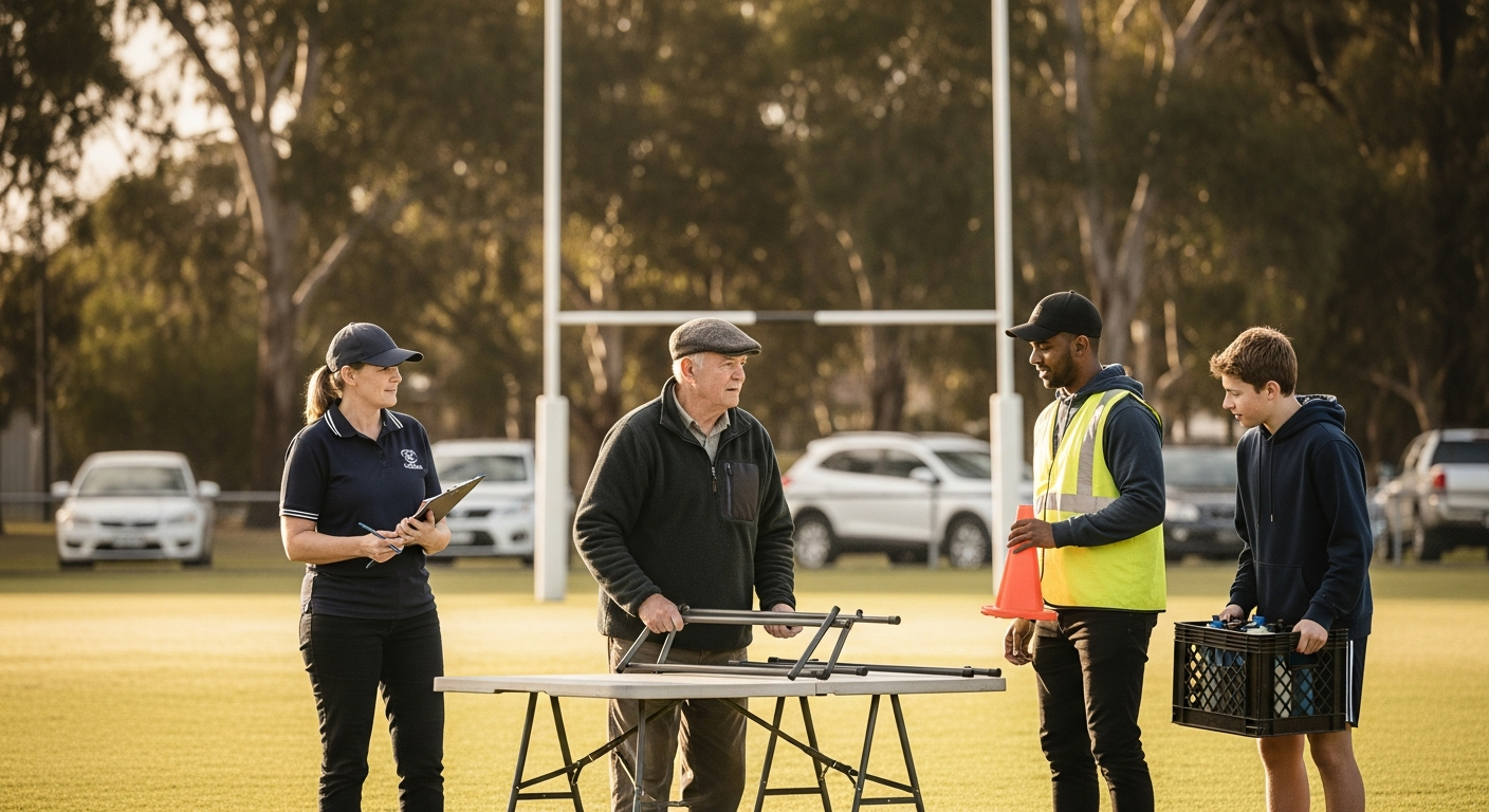 Australian community-club volunteers — a woman with a clipboard, an older man, a younger man in a hi-vis vest and a teenage helper — setting up at a suburban oval on a Saturday morning
